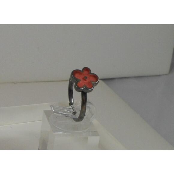 Vibrant Pink Splat Flower Ring Oxidized Sterling Silver Size 6.25 - Fun Enamel - Picture 3 of 6